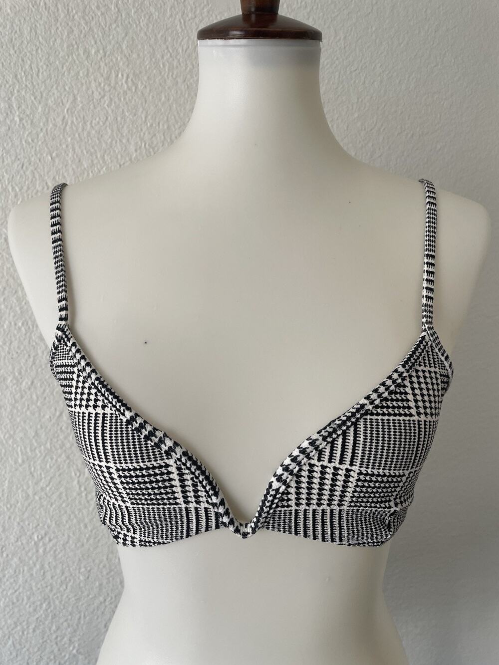 L*Space Swim Bikini Top Plunge Plaid Ivory Black Swimwear